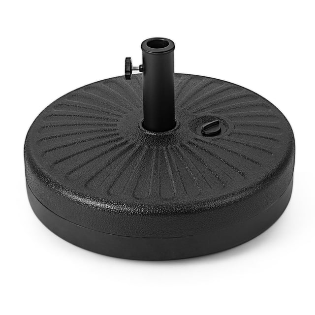 Patiojoy Water & Sand Fillable Umbrella Base, a 20-inch round table umbrella weight base with a textured black HDPE surface and metal pole holder. Features adjustable knobs for securing umbrella poles of 1.5 to 1.9 inches in diameter. Suitable for outdoor use on patios, gardens, decks, and porches.