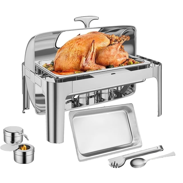 Plat Anti-Frottement Rectangulaire à Dessus Roulé, Plat de Service pour Buffet en Acier Inoxydable de 9 Qt