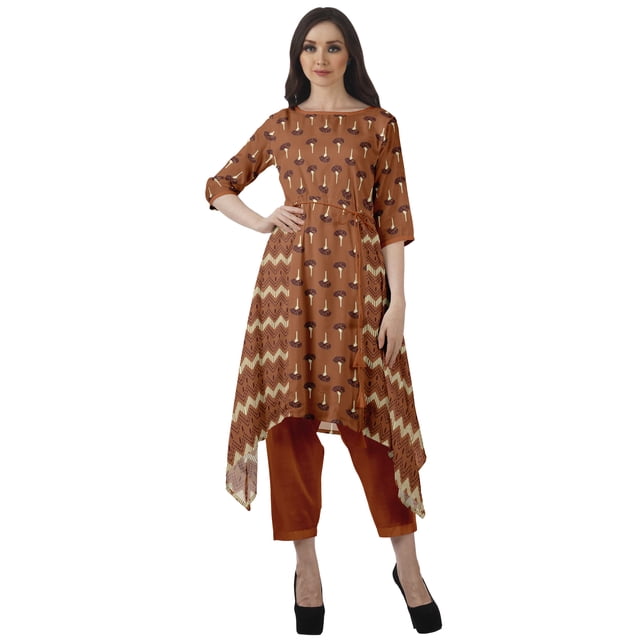 Moomaya Asymmetric Kurti With Pant Indian Tunic Tops Printed Kurti Set For Women