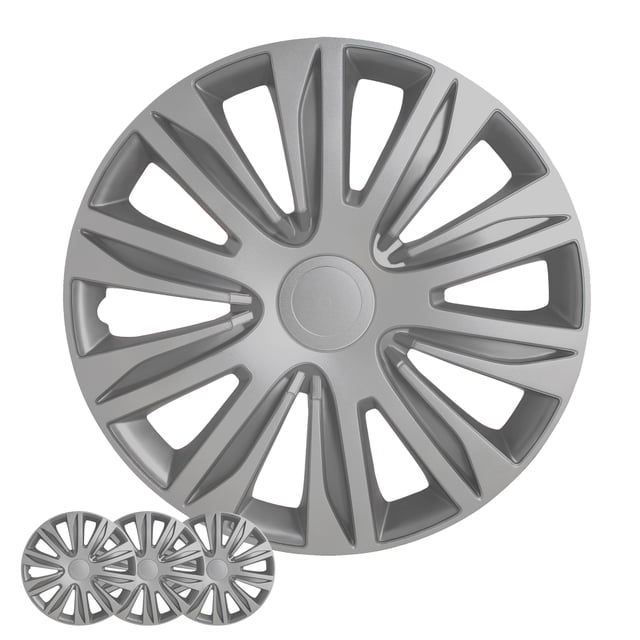 Wheel Cover Kit, 15 Inch Hubcaps Set of 4 Automotive Hub Caps with Universal Snap-On Retention Rings. Features a 1-tone silver ABS plastic design that mimics aluminum alloy rims. Includes four hubcaps compatible with all makes and models, offering a durable, rustproof, and impact-resistant solution for 15-inch steel rims. The snap-on installation with stainless steel retention rings ensures a secure fit, enhancing the appearance of cars and trucks.