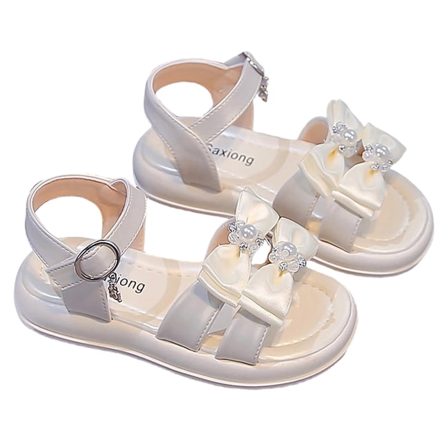 Xfvqtps Kids Girls Summer Princess Sandals Open Toe Lace Bow Hook and Loop Soft Sole Flats Shoes