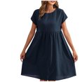 thumbnail image 1 of Tumotour Robes d'Été pour Femmes Ligne A Col Rond Longueur Genou Robe Décontractée Couleur Unie Manches Courtes Plissée Robe de Vacances Coupe Ample Robe Fluide pour Plage Sortie Boîte de Nuit Fête Rendez-Vous, 1 of 5