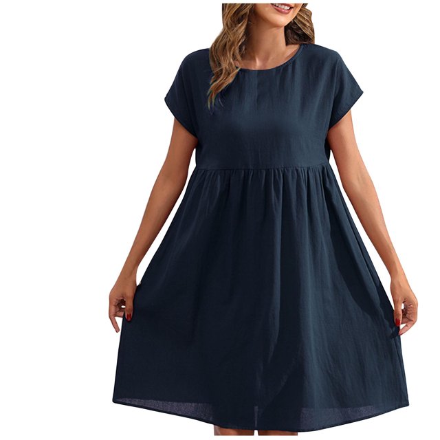 Tumotour Robes d'Été pour Femmes Ligne A Col Rond Longueur Genou Robe Décontractée Couleur Unie Manches Courtes Plissée Robe de Vacances Coupe Ample Robe Fluide pour Plage Sortie Boîte de Nuit Fête Rendez-Vous