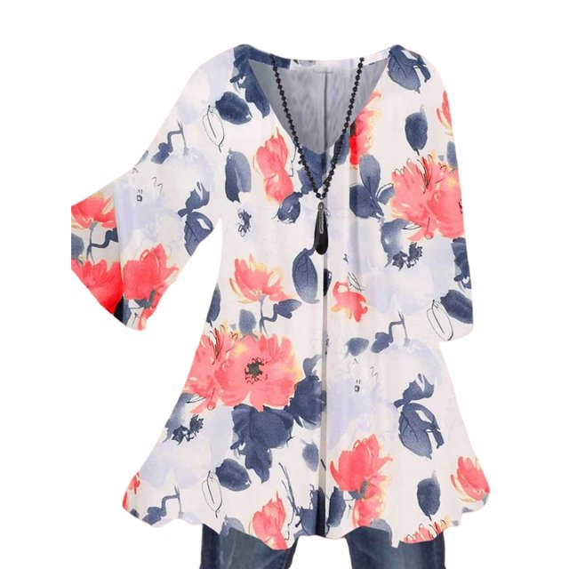 MAWCLOS Women Blouse V Neck Tops Ruched Tunic Shirt Elegant Beach Floral Print Pullover #8 M