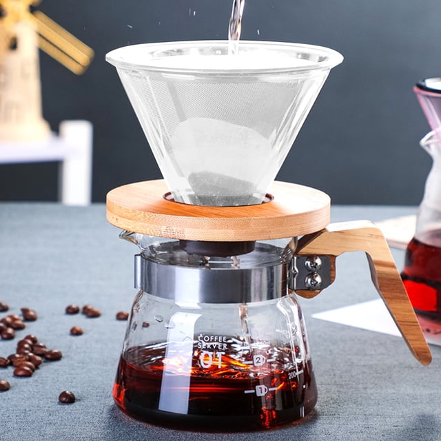 Glass Coffee Filter Mug | Reusable Hand Brew Coffee Drip | Portable Pour Over Coffee Maker with Removable Wooden Base | Single Serve Coffee Brewing Tool for Home Kitchen Office Outdoor