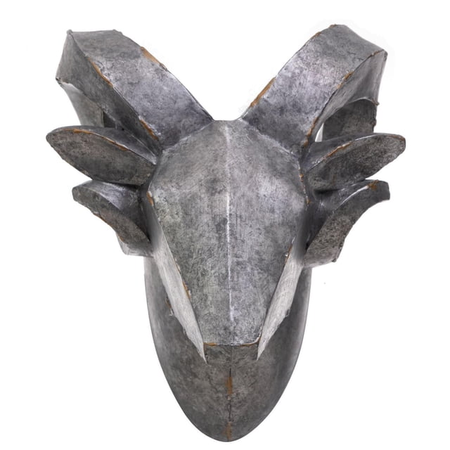 Avery Resin Sheep Head Figurine showing a front-facing grey resin sheep head with angular features and layered curved horns, designed for wall mounting as a decorative accent in home décor and suitable for adding rustic charm to living spaces.