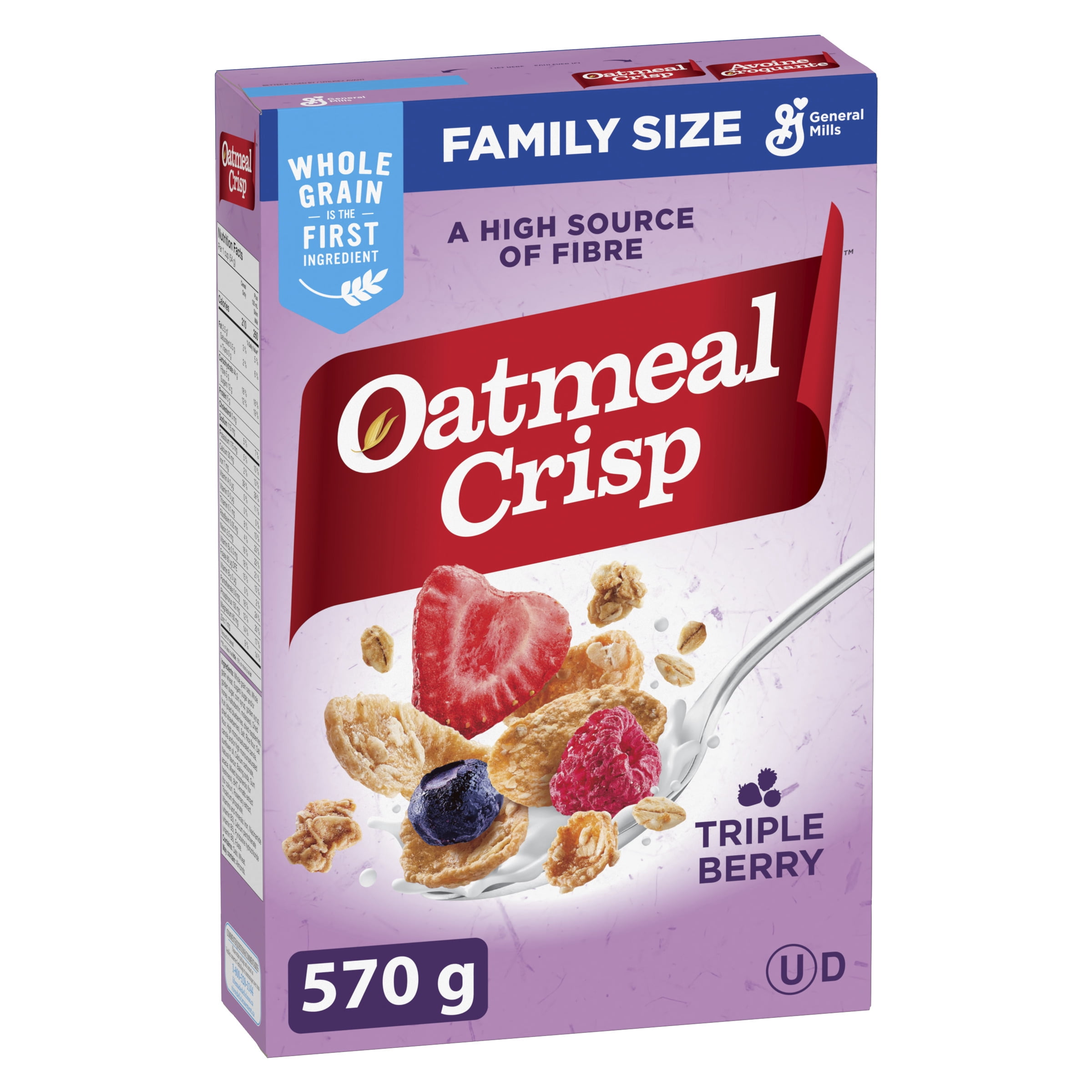 Oatmeal Crisp Breakfast Cereal, Triple Berry, Family Size, High Fibre, 570 g