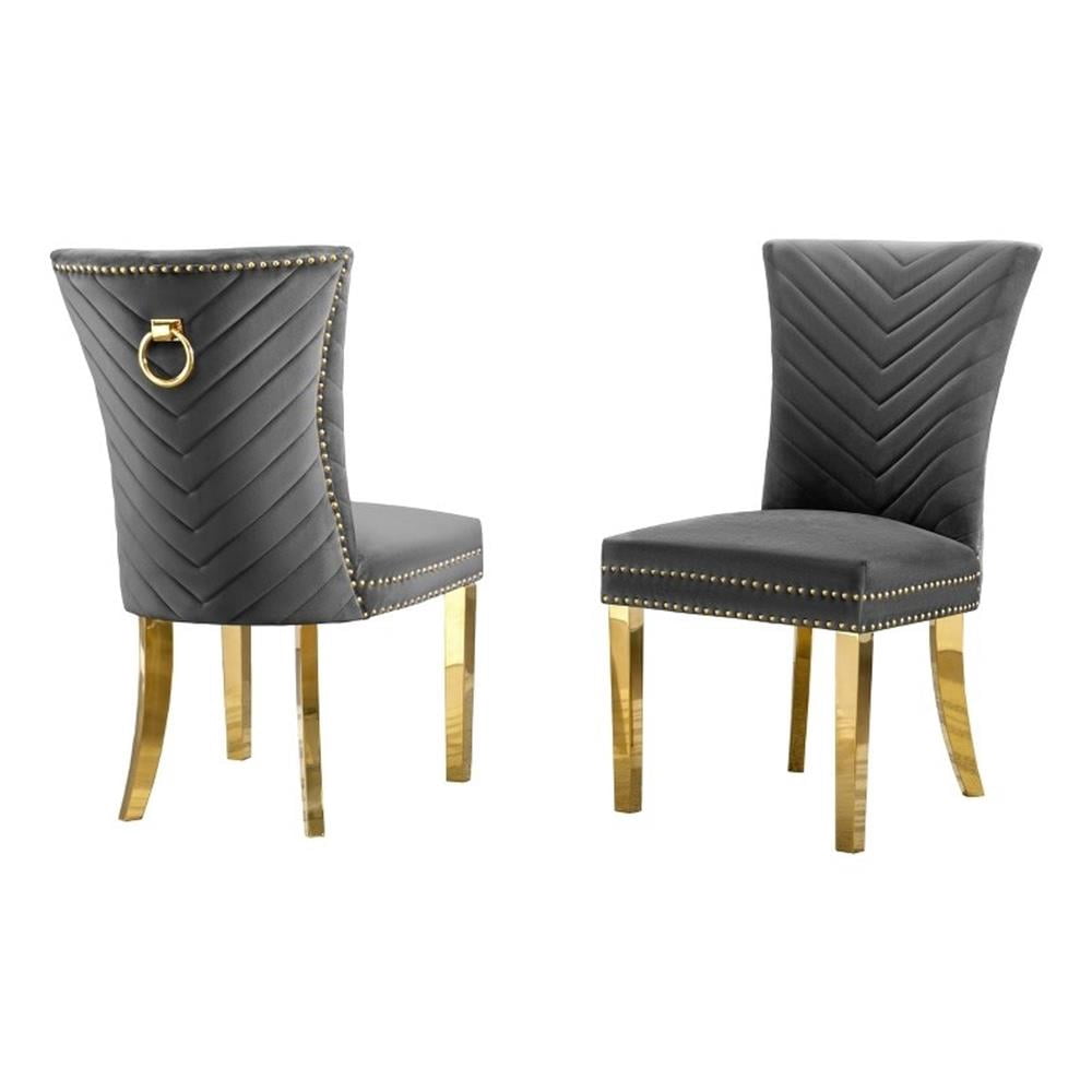 Ensemble de 2 Chaises Rembourrées en Velours Gris Foncé avec Pattes en Acier Inoxydable Doré