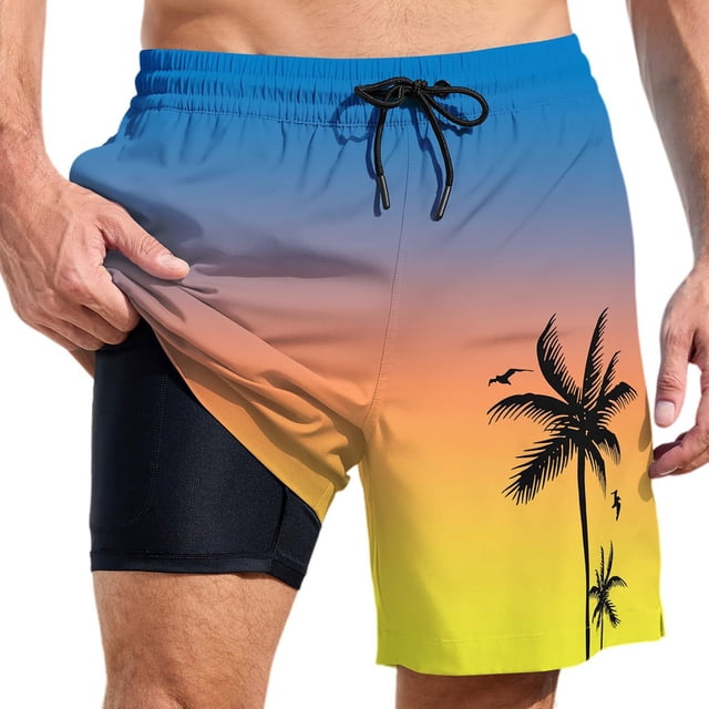 YUEVE Beach Shorts for Men 2 in 1 Compression Liner 7 Inch Inseam, Mens Swim Trunks Gradient Hawaiian Print Quick Dry Bathing Suit with Pockets Yellow XXXL