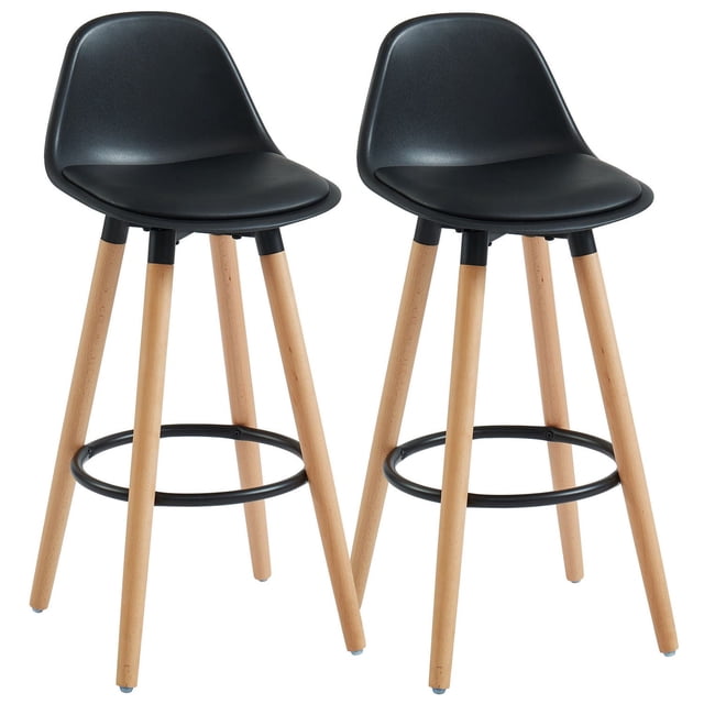 ABS Molded Counter Stool - Set of 2 with black curved ABS plastic seats and cushioned faux leather upholstery, supported by natural finish solid beechwood legs and black metal footrests, designed for 26-inch counter height seating, also suitable for casual kitchen counters.