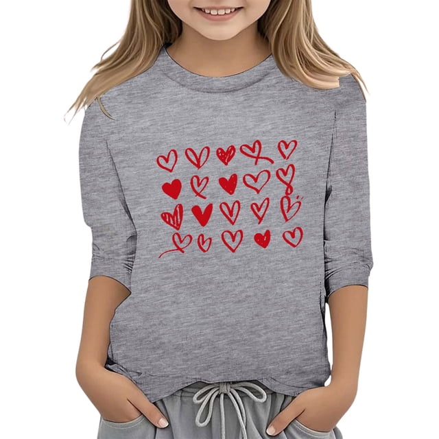 PMVFHDE Combinaisons Filles Hauts T-Shirt Fille T-Shirts Filles T-Shirts pour Fille T-Shirts Graphiques T-Shirts pour Fille Graphique T-Shirts de la Saint-Valentin pour Filles Imprimé Col Rond Fonctionnel Manches 3/4 T Gris,13-14 Ans