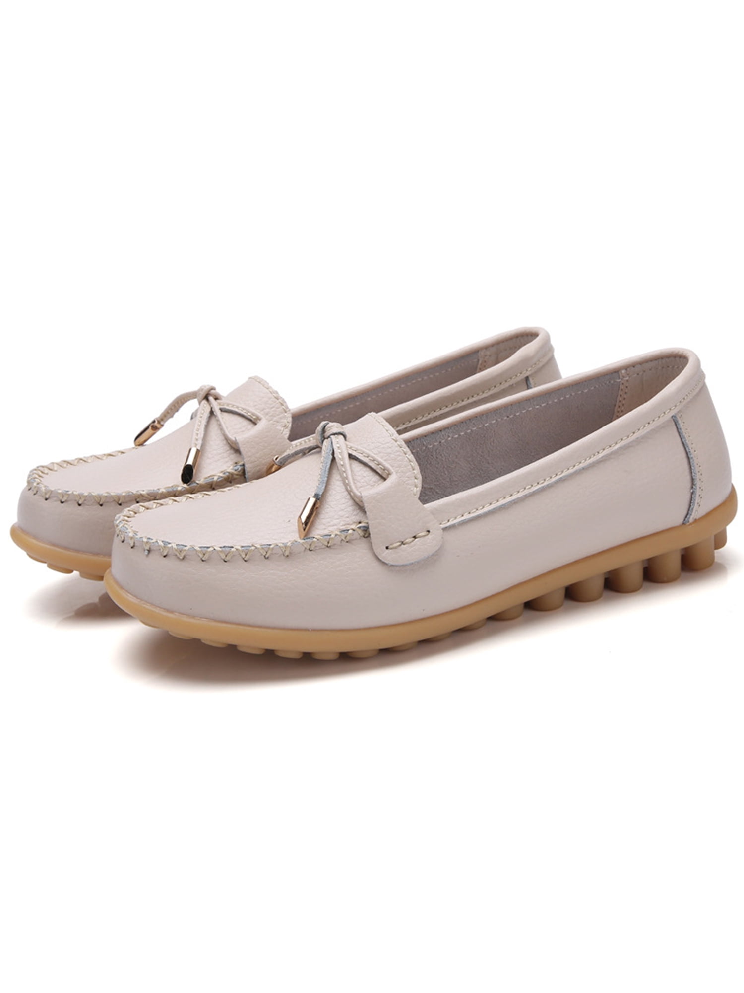 MAWCLOS Ladies Moccasins Comfort Nursing Shoes Slip On Resistant Loafers Bow Work Boat Shoe Beige 8.5