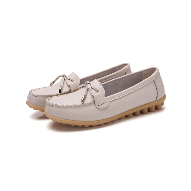 MAWCLOS Ladies Moccasins Comfort Nursing Shoes Slip On Resistant Loafers Bow Work Boat Shoe Beige 8.5