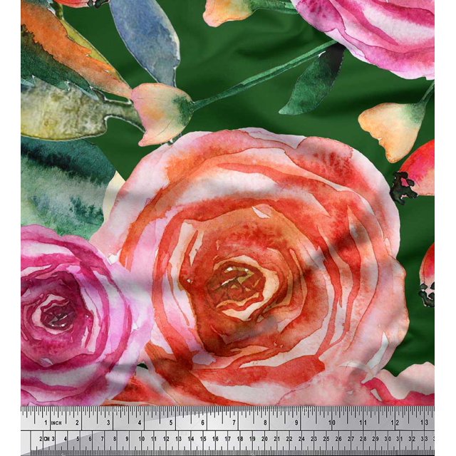 Soimoi polyester Crepe Fabric Leaves & Rose Flower Print Sewing Fabric Yard 52 Inch Wide