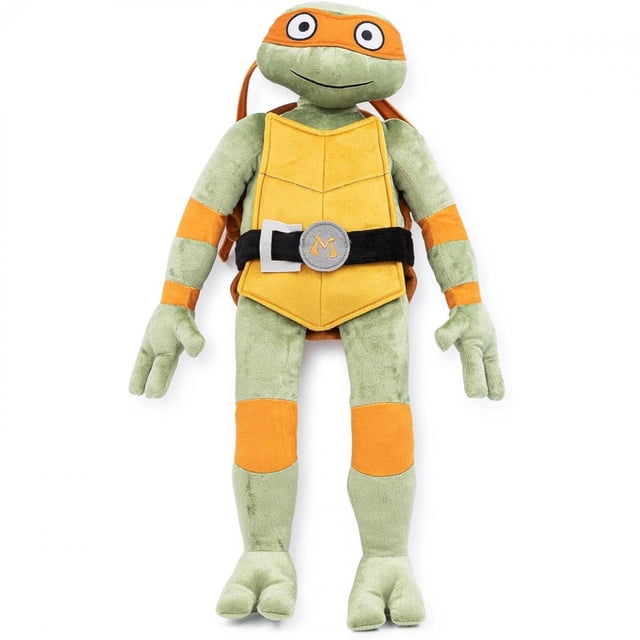 Teenage Mutant Ninja Turtles Michelangelo Pillow Buddy, a soft and huggable throw pillow made of 100% polyester microfiber. This multicolour pillow features Michelangelo's iconic orange mask, green body, and detailed shell with a belt displaying an 'M' emblem. Perfect for playtime, naptime, or bedtime, it is durable and easy to spot clean.