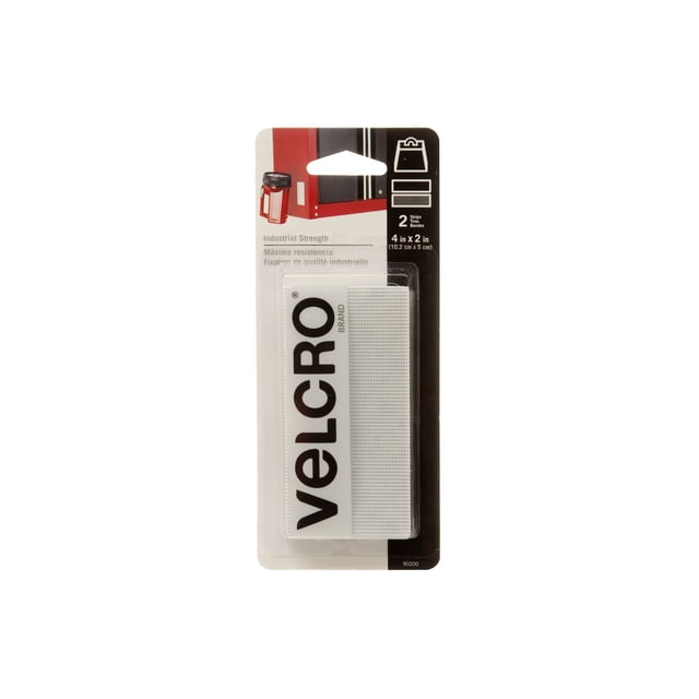 VELCRO® Brand Heavy Duty Industrial Strength fasteners, 2 sets of white hook and loop strips measuring 4 in x 2 in (10.2 cm x 5 cm), with water-resistant adhesive for strong hold on smooth surfaces like glass, metal, and painted wallboard, ideal for organizing office and school supplies.