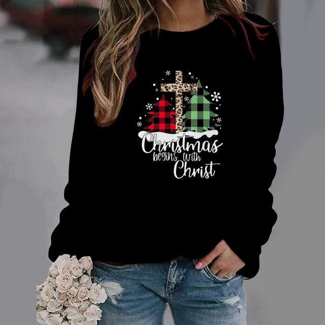 Sweatshirt de Noël pour Femmes 2023 Hauts Imprimé de Noël Col Rond Pull Blouse Ample Sweatshirt Sans Capuche en Solde