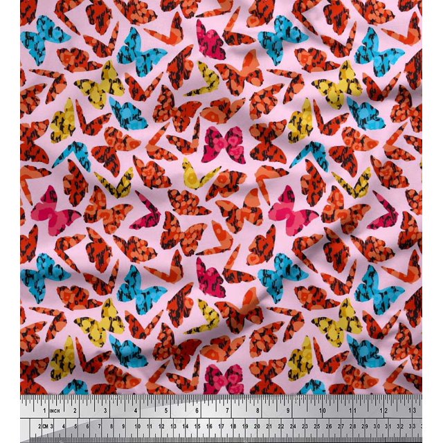 Soimoi Satin Silk Fabric Texture & Butterfly Print Fabric by The Yard 42 Inch Wide