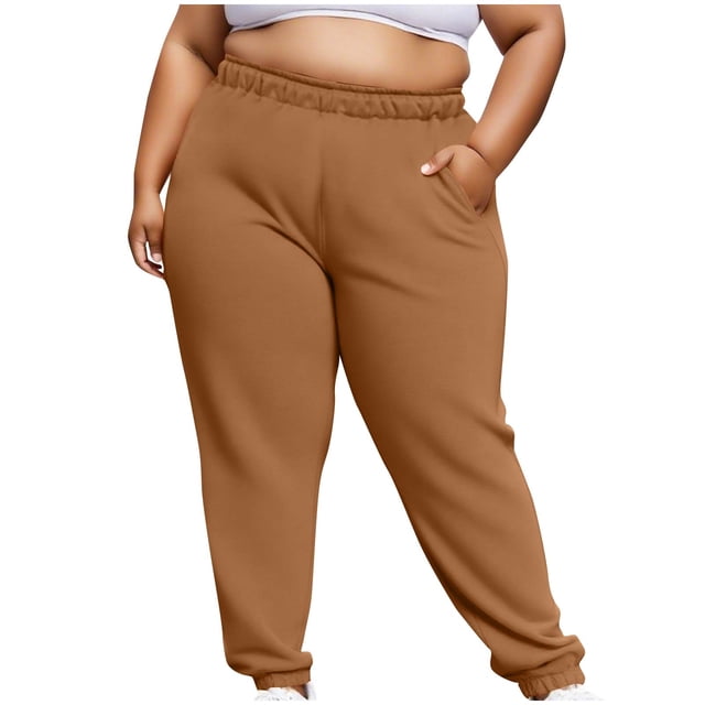 Women's Plus Size Pants High Waisted Drawstring Solid Color Sweatpants Elastic Taper Leg Lounge Joggers Pant Brown XXXXL