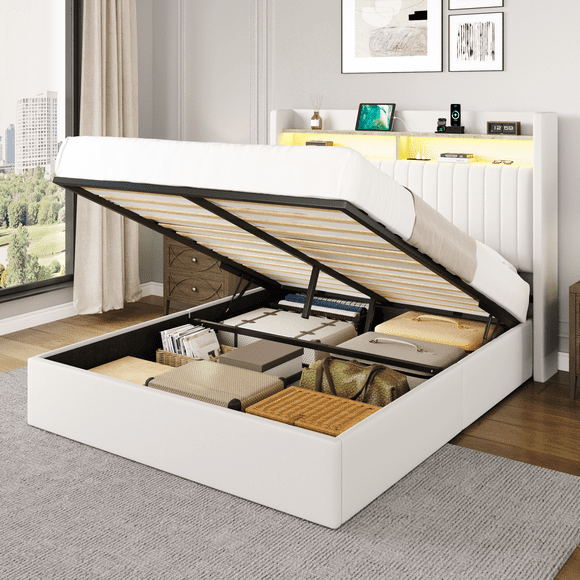 Amolife Lit Grand avec Rangement à Levage Hydraulique, Tête de Lit à DEL avec Recharge Rapide (USB/Type-C), Étagères à 2 Niveaux et Revêtement en Velours, Blanc