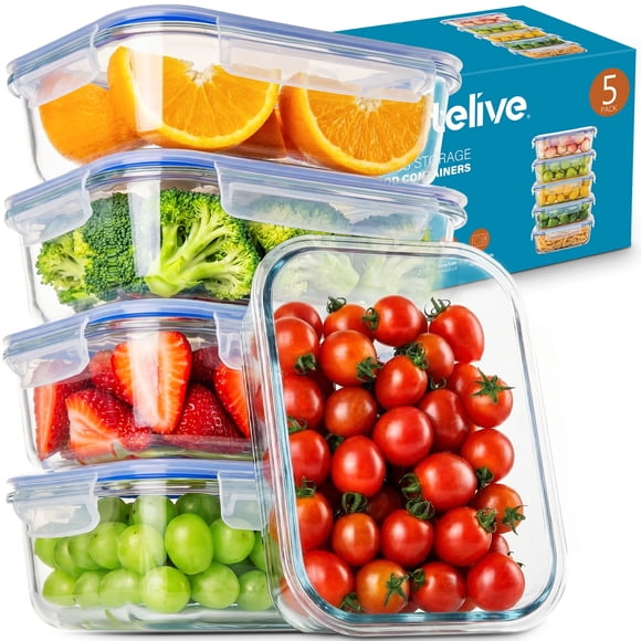 Stelive 5-Pack 36 oz Glass Food Storage Containers with Airtight Snap-Lock Leakproof Lids, Microwave Safe and Oven,BPA-Free