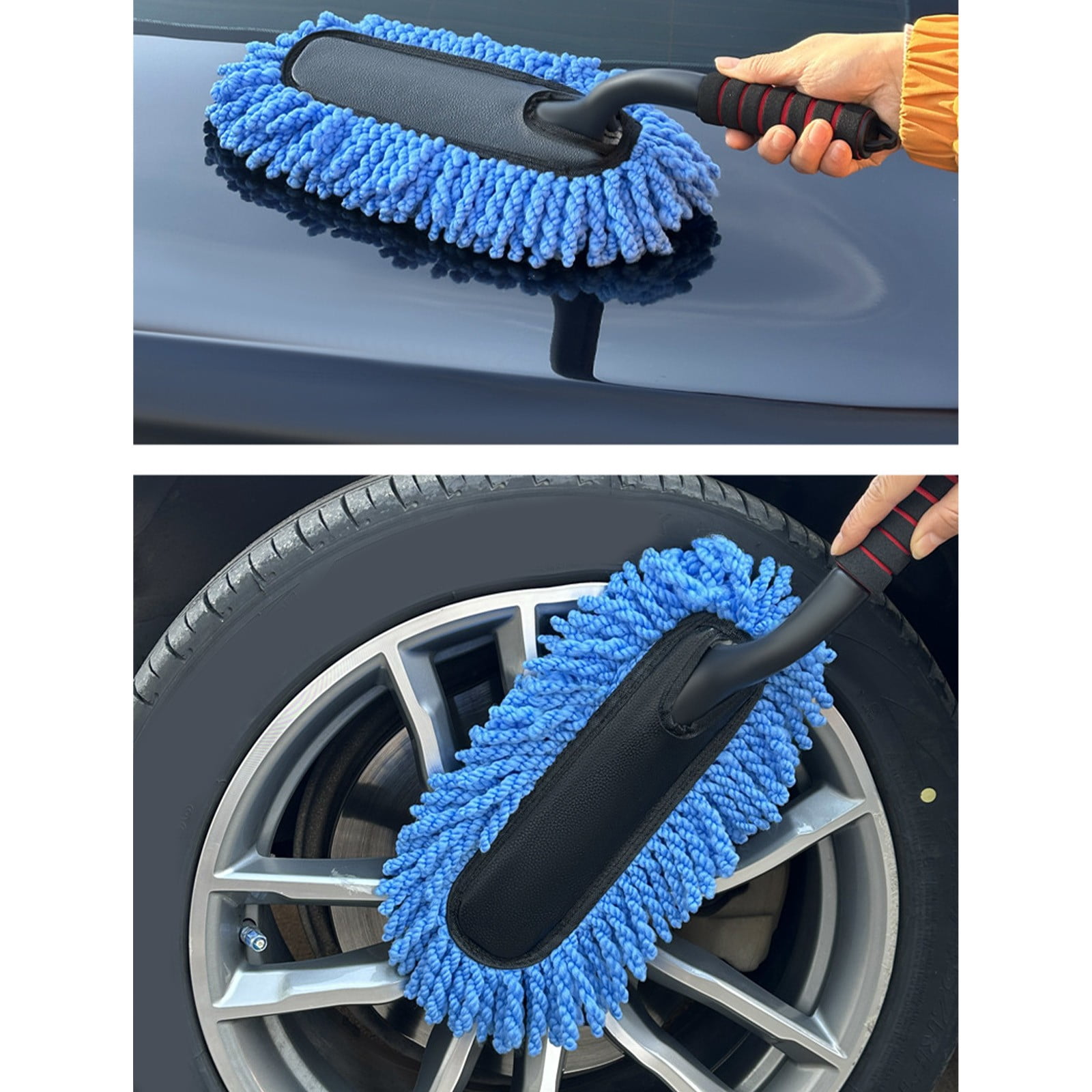 Car Dusting Mop Soft Bristle Car Wash Tool, Staron Curved Pole Brush Non-Slip Ergonomic Handle, Portable Car Wiping Mop for Roof Door Interior Exterior with Efficient Dusting Removal