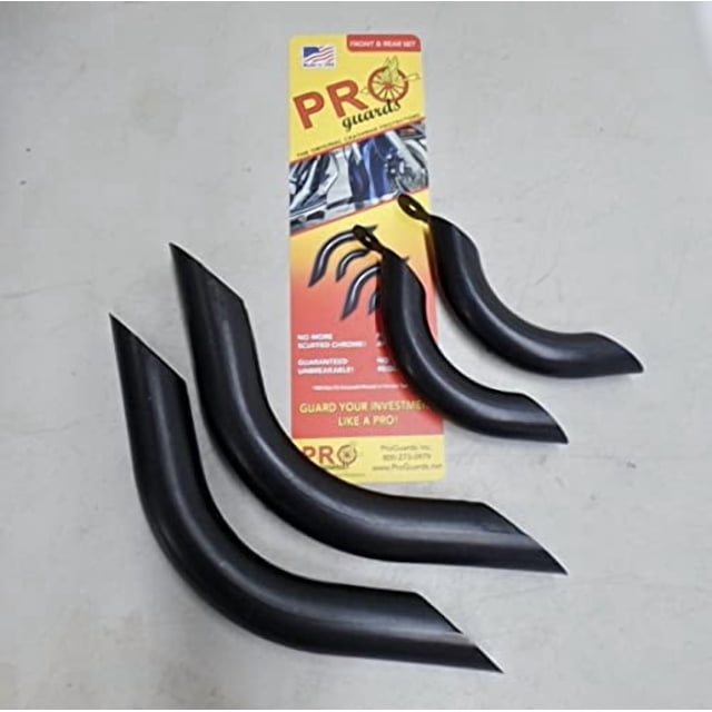 PRO Guards Crash Bar Protectors for Harley Davidson's front and rear black engine guard motorcycle, a set of durable curved black protectors designed for motorcycle accessories, displayed on a flat surface with branded packaging featuring product details.