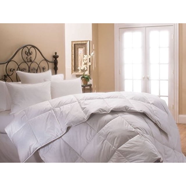 ViscoLogic Down & Feather Comforter 100% Cotton Shell (Queen/Full) displayed on a neatly made bed in a cozy bedroom setting. The crisp white comforter features box stitching and piped edges, ensuring the filling remains evenly distributed. Part of a bedding set, the breathable cotton shell and 233-thread-count fabric provide a soft, airy feel, while the 15% white duck down and 85% feather filling offer warmth and comfort. The room includes a decorative wrought iron headboard, pillows, and natural light streaming through glass doors.