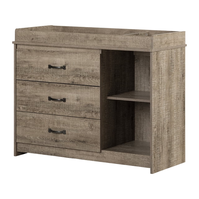 South Shore Tassio Table à Langer en Panneau de Particules Laminées Rustique avec Trois Tiroirs à Poignée Métallique à Gauche et Deux Étagères Ouvertes à Droite, avec un Rebord Fixe sur le Dessus pour Tenir un Tapis à Langer Solidement, Idéal pour le Rangement et l'Organisation de la Chambre de Bébé.