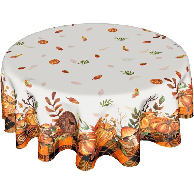 Fall Tablecloth Round 60 Inch Thanksgiving Autumn Harvest Pumpkin Table Cloth Orange Buffalo Plaid Farmhouse Table Cover Decorative for Home Kitchen Dining Indoor Outdoor Party Picnic Home Decor