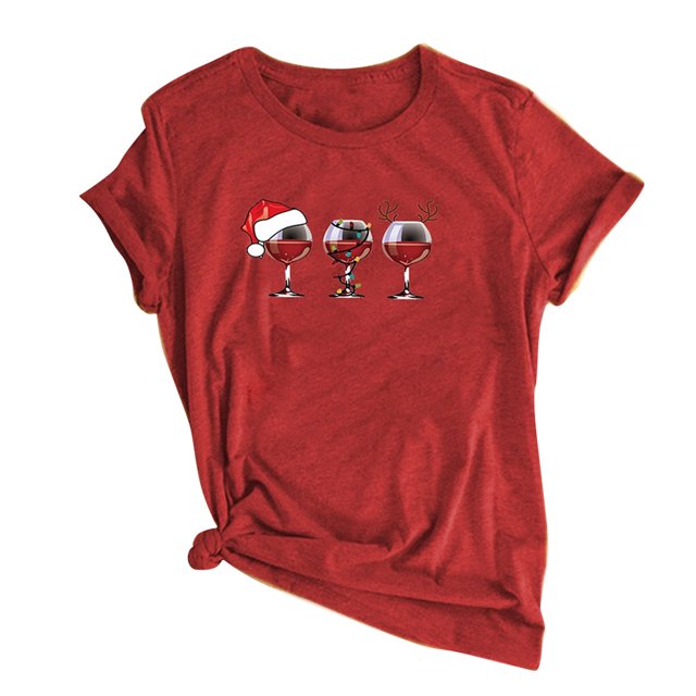 Qertyioot Femmes Noël Vin Verre Imprimé Manches Courtes T-shirt Décontracté Col Rond Pulls Hauts