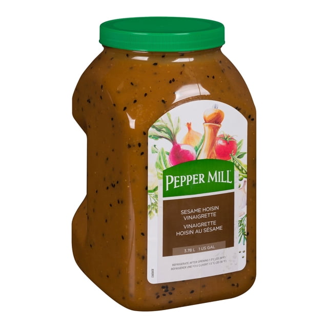 Pepper Mill Sesame Hoisin Vinaigrette Dressing in a 3.78L container with a green lid. The label features vibrant illustrations of vegetables and highlights ingredients like naturally brewed soy sauce, toasted sesame oil, and roasted sesame seeds. Sold as 2 units per case, ideal for bulk pantry needs.