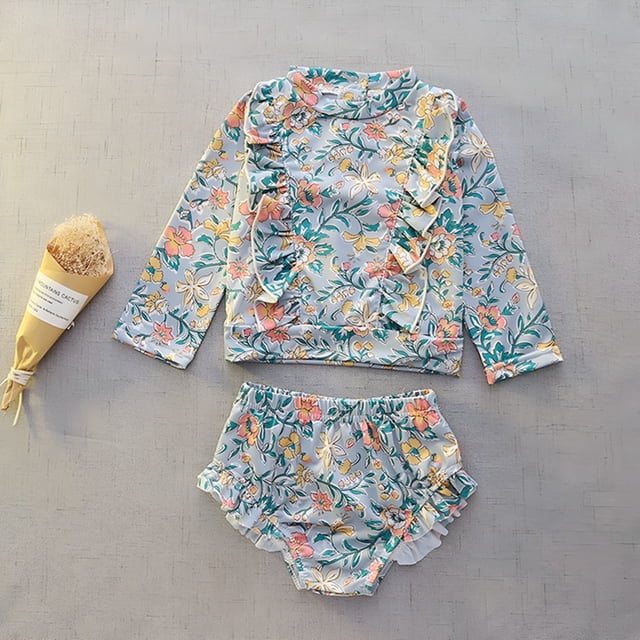 Kid Girls Swimsuit Rash Guard Set Flower Graphic Printed Sun Protection Long Sleeve Girls Bathing Suits 5-6 Years