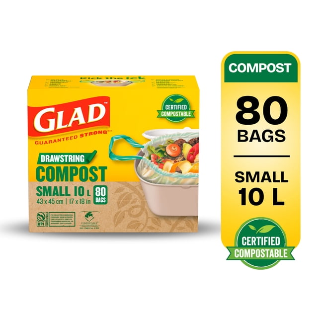 Glad Certified Compostable Drawstring Bags - Small 10 Litres box with 80 unscented compost bags featuring green drawstrings, certified compostable by BPI and BNQ, sized 43 x 45 cm (17 x 18 in), designed for kitchen compost use and accepted municipal programs, shown with a compost bin filled with food scraps.