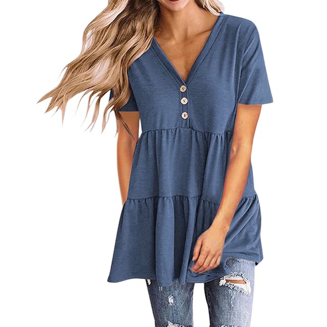asjyhkr Womens Short Sleeve Tops Oversized V Neck Loose Fitting Comfy Lightweight Soft Tees Solid Color