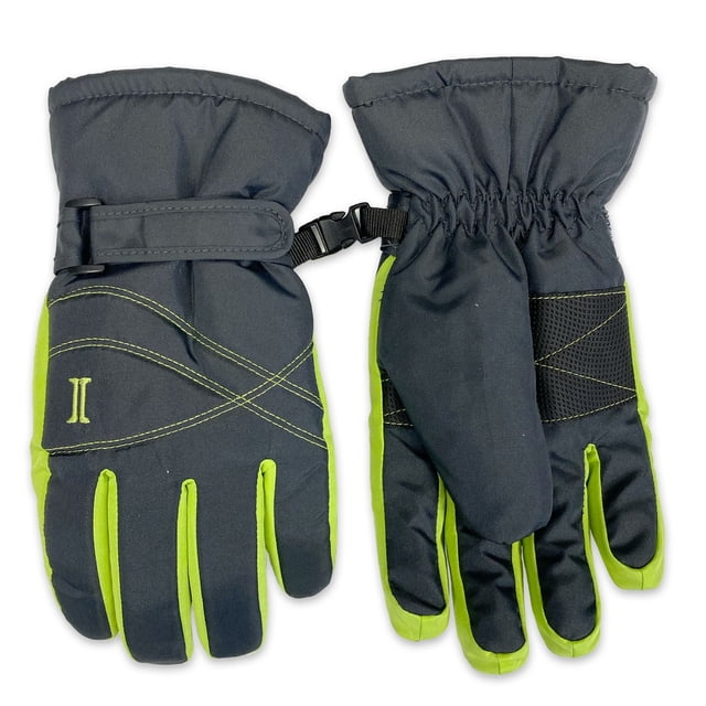 IGLOOS Gants de SKI pour Garçons GLOVE Paire de Gants d'Hiver Isolés pour Garçons en Gris avec accents Vert Vif, avec Sangles de Poignet Ajustables, Poignets Élastiques et Patchs de Prise Renforcés, Conçus avec une Coque Coupe-Vent et Hydrofuge pour Garder les Mains des Enfants au Chaud et au Sec Lors des Activités Hivernales en Plein Air.