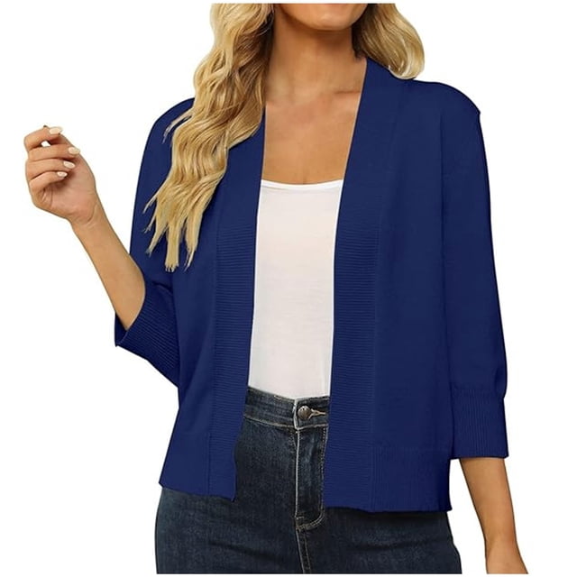 Pitauce Cardigan Court pour Femmes à Manches 3/4, Ouvert à l'Avant, Boléro Léger en Tricot, Shrug Cardigan