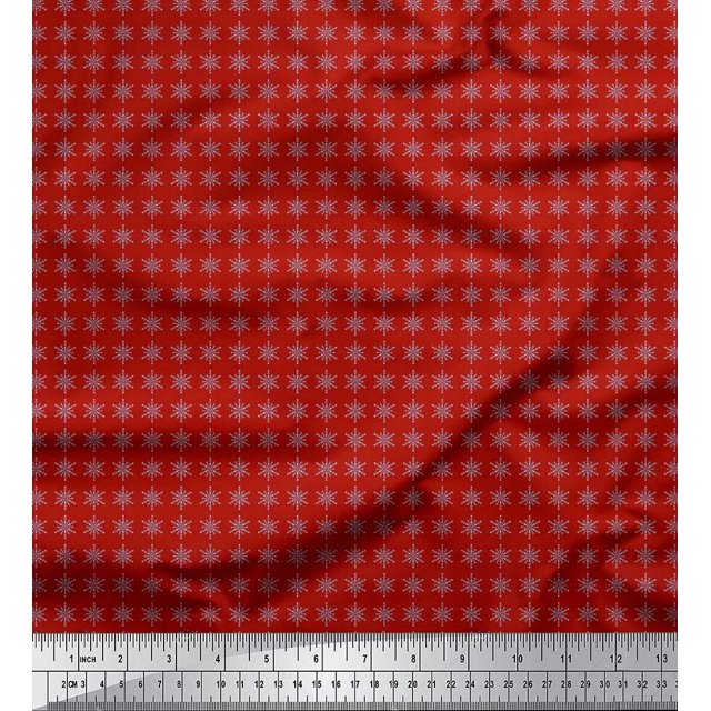 Soimoi Red Silk Fabric Snow Flakes Floral Printed Fabric 1 Yard 42 Inch Wide