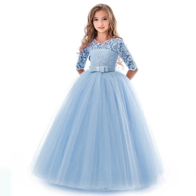 Robe Longue en Dentelle Florale Vintage pour Filles Manches 3/4 Robe de Soirée de Mariage Robe de Danse Formelle