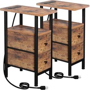 Narrow Side Table with Charging Station End Tables Set of 2 Skinny Nightstand Fabric Drawers Living Room Bedroom Sofa Side Table Slim Storage Table Modern Bedside Furniture