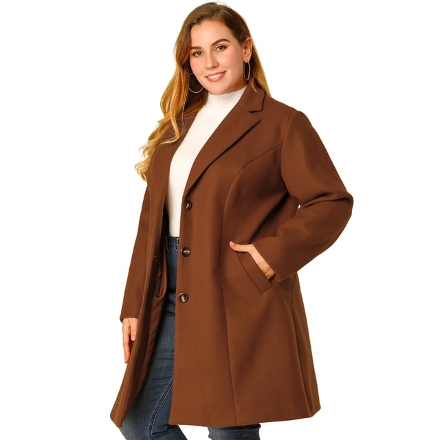 GRACE & GRANDEUR Manteaux Longs à Revers Cranté à Simple Boutonnage pour Femmes Grande Taille