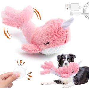 2 in 1 Interactive Dog Toys, Fish Dog Toy to Keep Them Busy, Plush Squeaky Dog Toys, Rechargeable Wiggly Pink Pet Toys for Small Medium Large Dogs, Moving Dog Toys for Indoor&Outdoor Pink Narwal