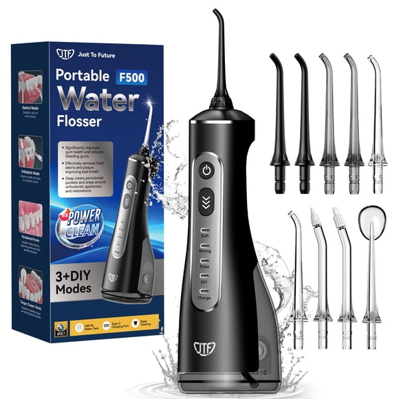 JTF Hydropulseur Dentaire Sans Fil pour Dents : 3 Modes et 10 Niveaux de Pression DIY Irrigateur Buccal Portable pour Appareils Orthodontiques et Gencives Sensibles avec 9 Embouts et Réservoir de 300 ml, Cure-Dents Électrique Rechargeable pour la Maison et les Voyages