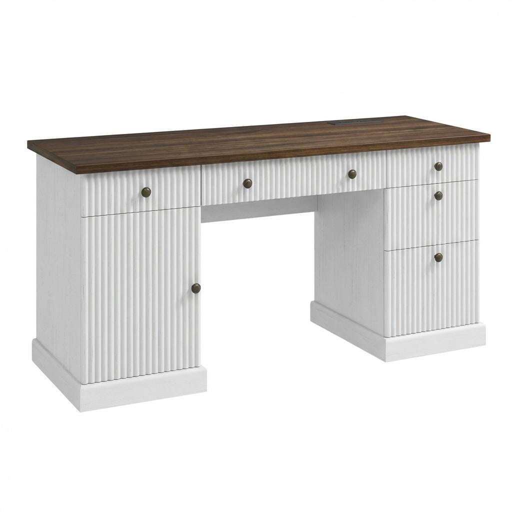 60 Inch Modern Fluted Executive Office Desk, Wooden Computer Writing Desk with Charging Station & File Drawers for Home Office