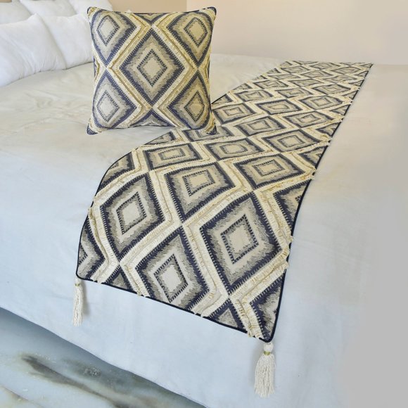 The HomeCentric King / Queen / Twin Blue Decorative King 90"x18" Bed Runner WITH Pillow Cover, Lace & Moroccan Decor Bed Scarf on Jacquard fabric - Akida