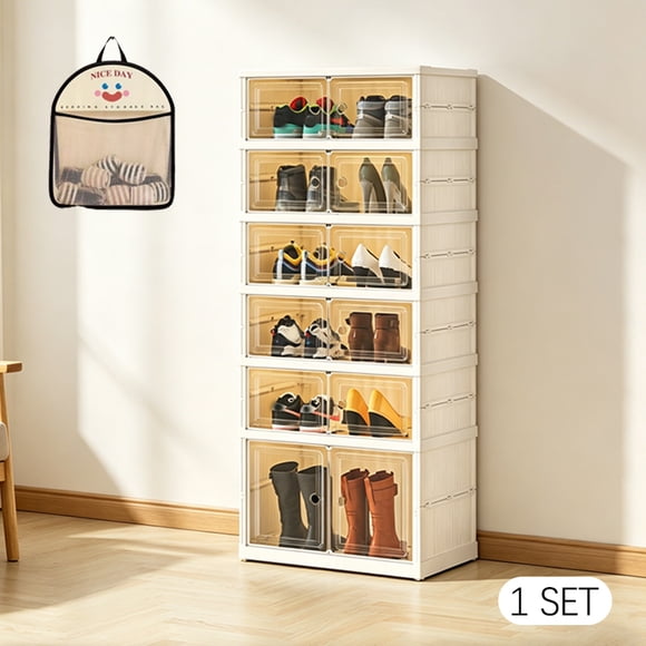 6-Tier Foldable Shoe Cabinet with Doors, Stackable Transparent Plastic Shoe Storage Organizer, Portable Shoe Storage Box for Closet & Entryway