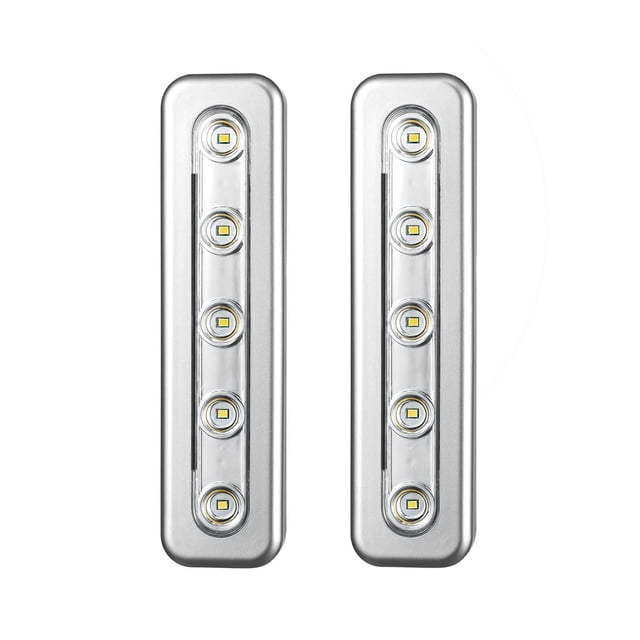 Globe Electric Silver 7" LED 2-Pack Battery Operated Manual On/Off Switch Task Bar Night Light two 7-inch slim rectangular silver LED task bars with manual push buttons and cool white glow; battery powered, mounts with included double-sided tape for pantry, hallway or under-cabinet lighting, often used as a temporary drawer or wardrobe illumination.