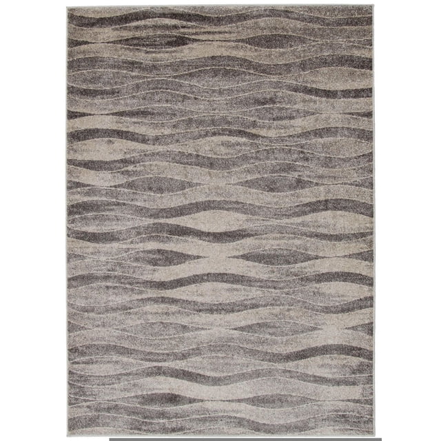 ECARPET Neela Ivory/Grey Rug featuring bold geometric wave patterns in ivory and grey, crafted from plush material for underfoot softness, ideal as an indoor area accent rug for family homes and often used to add warmth to living spaces.