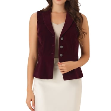 INSPIRE CHIC Women's Waistcoat Suit Velvet Sleeveless Lapel V Neck Dressy Blazer Vests S Burgundy