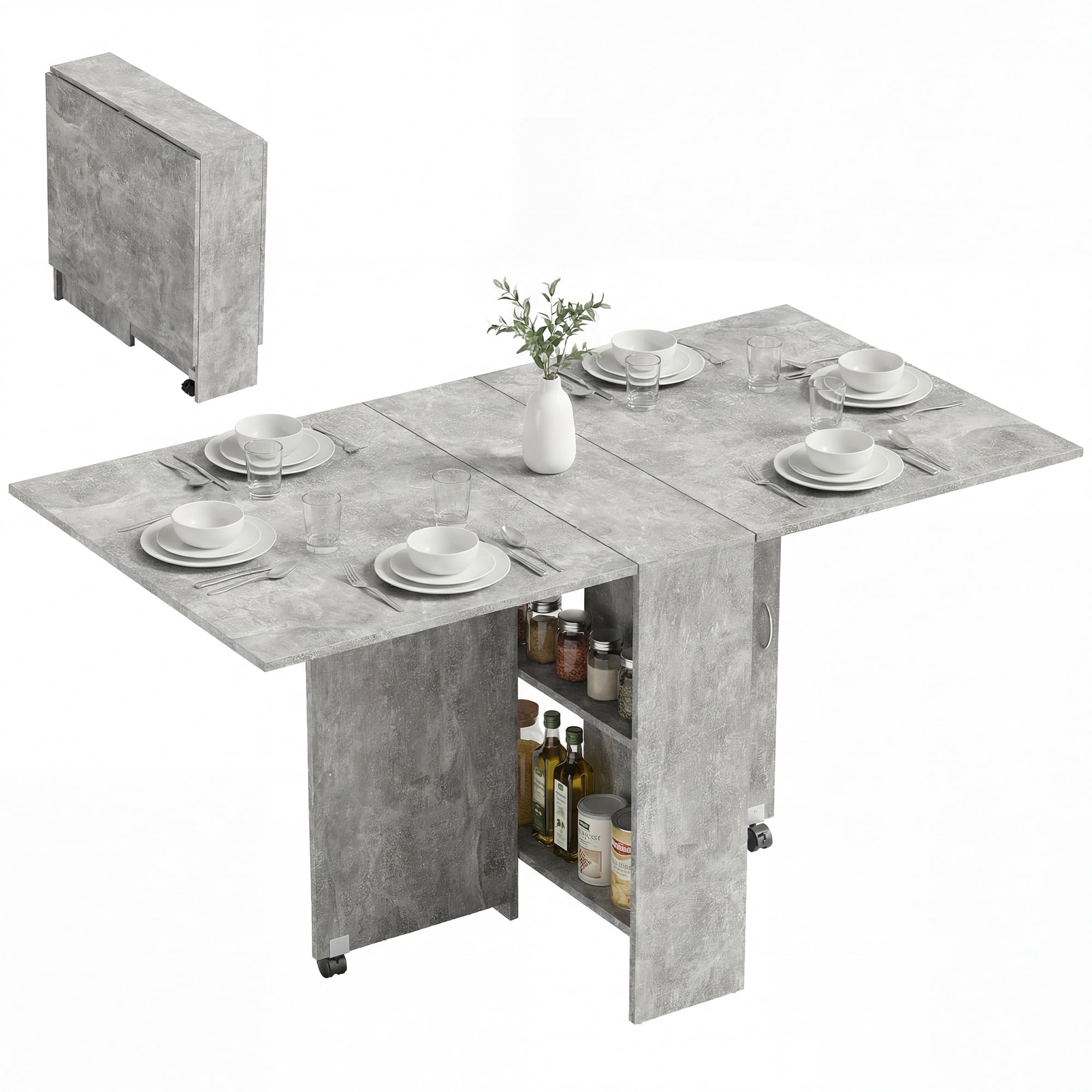HOMCOM Folding Dining Table, Drop Leaf Table with 2-tier Shelves